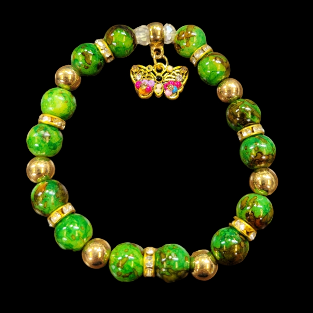 Green Beaded Bracelet with Butterfly charm